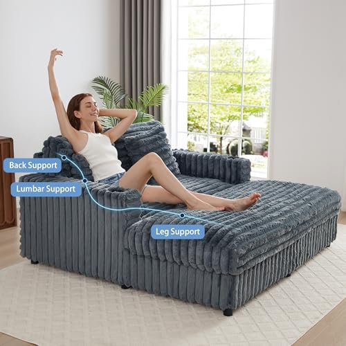 Image of 58'' Plush Faux Rabbit Fur Chaise Loveseat with Charging Station & Cup Holder and Pillows, Upholstered Corduroy Chaise Loveseat Sofa Recliner Longue Indoor Couch for Living Room, Bedroom, BLue Grey