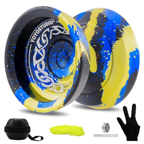 YOYOSTUDIO F25 Finger Spin Yoyo Professional Responsive Yoyo for Kids 8-12, Professional Yo Yo for Adults with Unresponsive Yoyos Accessory Kit, 10 Yo-Yo Strings, Case & Glove - Black Blue Y