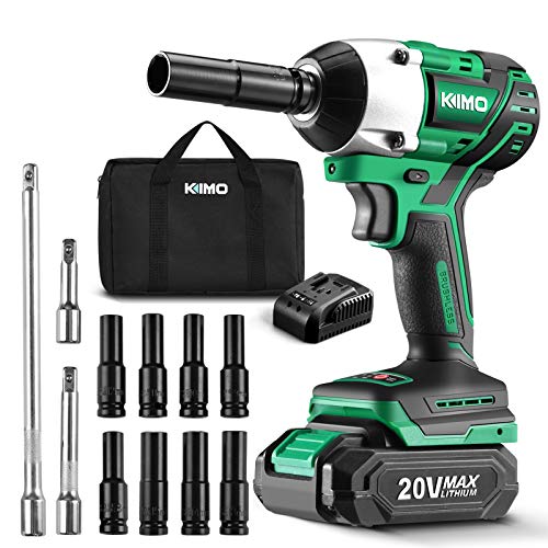 KIMO 20V 1/2 Impact Wrench, Cordless Brushless Impact Wrench Set 250 Ft-lb High Torque 3000 RPM, Li-ion Battery Fast Charger 8 Sockets 3 Extension Bars, Compact Electric Battery Wrench for Car Home