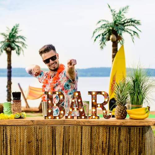 Image of Aurelema 8.6 X6.7 x 1.5 Inch Tiki Bar Sign Tiki Party Table Decorations Marquee Letters Light up LED Table Centerpiece Hawaii Luau Aloha Decor for Summer Tropical Pub Outdoor Patio Wall Party Supplies