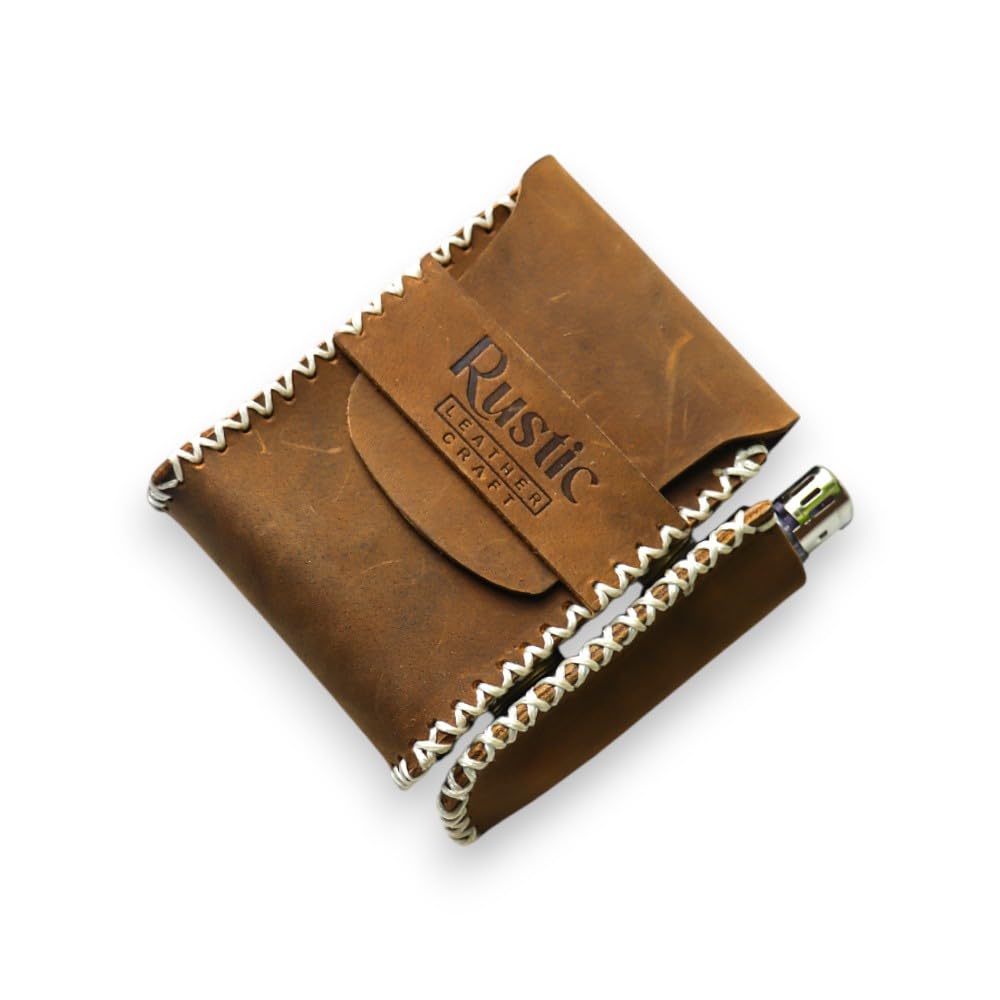 Rustic Leather Craft Cigarette Case with Lighter Cover, Easy Pull-Up Strap, Hand-Stitched, De-attachable Snap Button, Belt Holder Loop