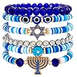 Hanukkah Bracelets Menorah Dove Star of David Evil Eye Clay Beaded Stretch Bracelets Layering Blue White Heishi Beaded Friendship Stackable Bangles for Women Men Jewish Hanukkah Holiday Jewelry-StyleC