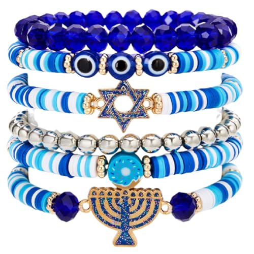 Hanukkah Bracelets Menorah Dove Star of David Evil Eye Clay Beaded Stretch Bracelets Layering Blue...