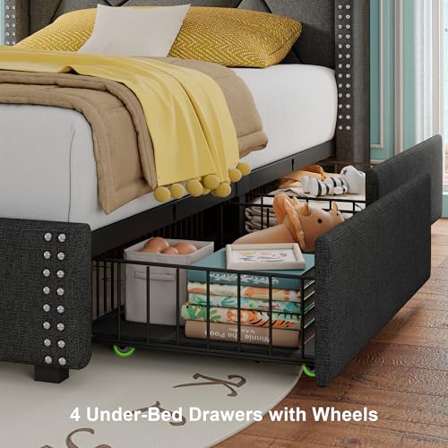 Feonase Upholstered Storage Bed Frame Twin Size with 4 Drawers, Platform Bed with Charging Station & Wingback Headboard, Solid Wood Slats Support, Dark Gray