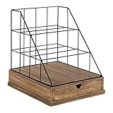 Kate and Laurel Benbrook Metal and Wood Letter Tray Desk Organizer, Rustic Wood and Black