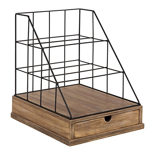 Kate and Laurel Benbrook Metal and Wood Letter Tray Desk Organizer, Rustic Wood and Black