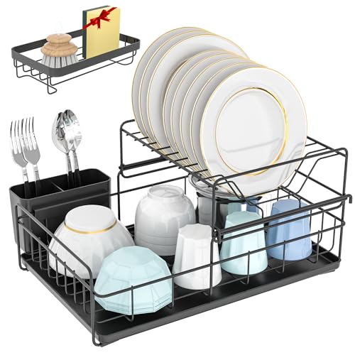 NURADA - Escurreplatos Acero Inoxidable - Escurridor de Platos + Organizador Fregadero - Escurridor Fregadero de 2 Niveles Ajustables para Platos y Vasos - Escurre Platos Antióxido - Negro