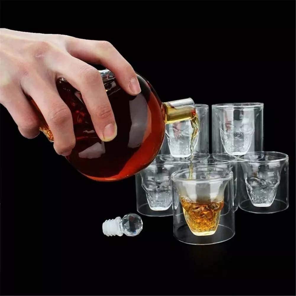 Estante para vino Decantador de whisky Cráneo Vino Whisky Juego de vasos de vodka Decantador de vino y juego de vasos con diseño de doble pared con tapón con 6 vasos de whisky de 75 ml para bar de f
