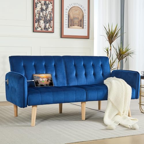 Image of TYBOATLE 62.99 inch W Velvet Modern Convertible Folding Futon Couch Sofa Bed w / 2 USB Charging Ports for Compact Living Space, Small Couches for Office, Dorm, RV Room, Apartment, Bedroom (Navy Blue)