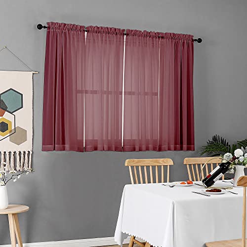 Image of Chyhomenyc Short Sheer Curtains 45 Inches Length 2 Pieces, Light Filtering Soft Voile Curtains Drapes for Half Window /Bedroom /Bathroom /Living Room, Burgundy