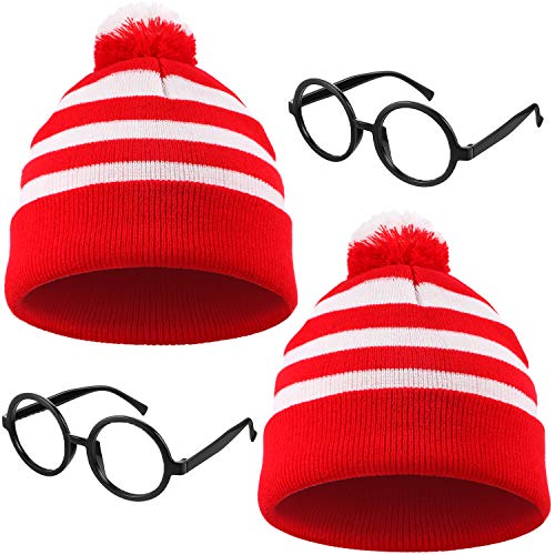 Geyoga 4 Pieces Red White Striped Knit Beanies Hat and Glasses Frames Set for Men Women Christmas...