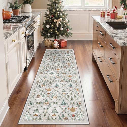 Madane Washable Christmas Runner Rug - 2x6 Grey Rug Runners for Hallways 6 Foot Non Slip Vintage Kitchen Runner Ultra-Thin Bathroom Xmas Holiday Decor Carpet Laundry Room Bedroom