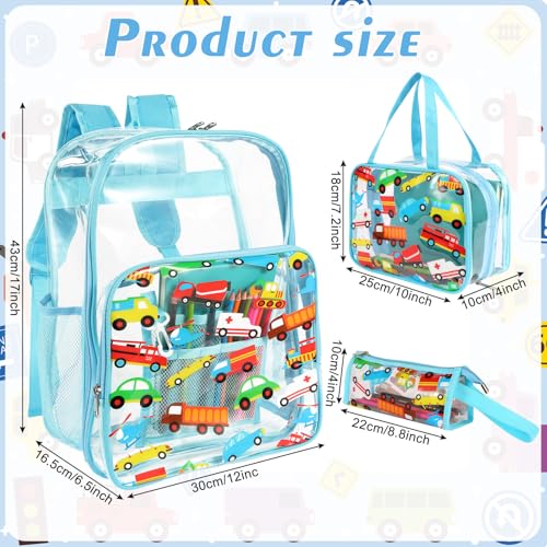 Kolewo4ever 3 Pieces Clear School Backpack Set Elementary Kindergarten Back to School Gift Trains, Planes, and Trucks Transparent Backpack with Lunch Bag and Pencil Pouch2