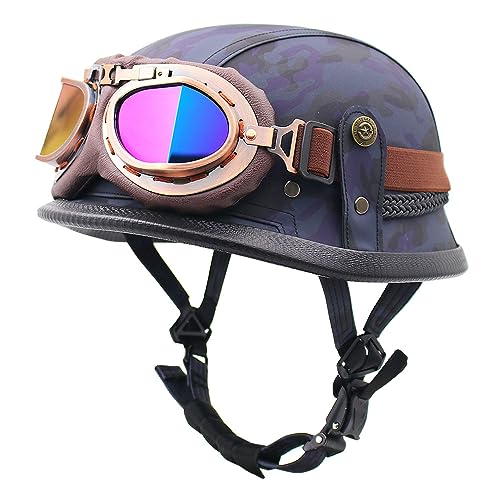 半 ヘルメット ドイツ軍 ヘルメット ハーフ ヘ ルメット 革巻きハーフ ゴーグル付き 耐衝撃性 おしゃれ 個性 人気品 超軽量 男女兼用 (22,L:58-59CM)