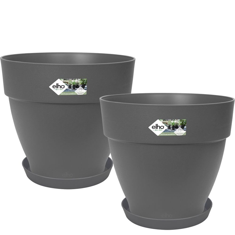 Elho Anthracite Vibia Campana Round 30 - Plant Pots With Saucers - Outdoor - 100% Recycled Plastic - 2 Pots + 2 Saucers - Ø 29.8 X H 25.8 Cm - Black
