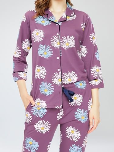 Image of ZEYO Night Suit for Women's Floral Printed Cotton Night Dress of Shirt and Pajama Set 5766