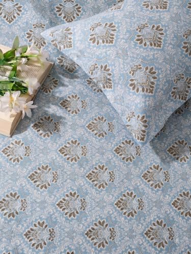 Image of Mafatlal 144 TC Pure Cotton bedsheet Double Bed, Floral Print Double Bed Sheet, 90x100 inches Double bedsheet Set, Cotton Bed Sheet Full Bed chadar|Powder Blue