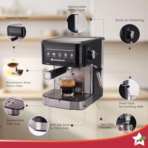Image of Wonderchef Regalia Neo 20 Bar Espresso Coffee Maker | Espresso, Cappuccino, Latte & Mocha | Steam Frother | Metal Portafilter | 1.5L Tank | 1200W | 2-Year Warranty