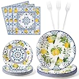 G1ngtar 96Pcs Capri Lemon Blue Tiles Yellow Lemon Summer Citrus Fruit Party Plates Supplies Tableware Decorations Disposable Paper Plates Napkins Forks for Kids Birthday Baby Shower, Serves 24