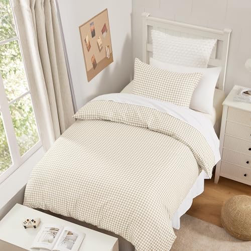 Image of Andency Gingham Duvet Cover Twin Size, Cream Beige Checkered Plaid Bedding Set with Zipper Closure & Corner Ties, 2 Pieces Soft Prewashed Polyester Comforter Cover for Dorm Kids
