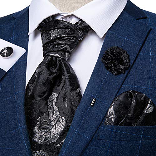 Image of DiBanGu Mens Silk Ascot Ties Paisley Jacquard Woven Cravat and Pocket Square Cufflinks with Lapel Pin for Business Wedding