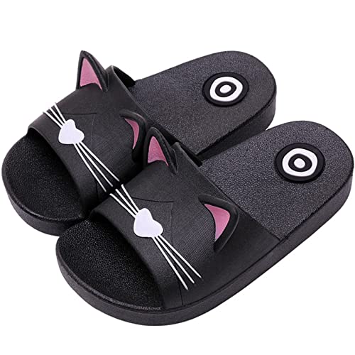 Acfoda Jungen Mädchen Hausschuhe Sommer mit Katzen Flache rutschfest Badelatschen Kinder Leicht Weiche Dusche Badeschuhe Slip, 31/32 EU, Kinder Schwarz