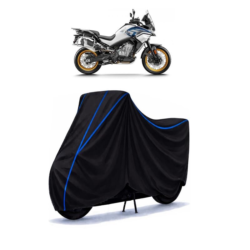Image of CFMoto MT 800 Bike Cover Water Resistant Universal Motorcycle Rain | Heavy Duty UV Protection, Dust, Scratch Indoor Outdoor All Weather with Black Blue Piping Elastic