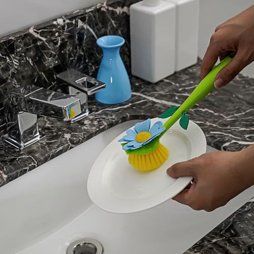 Image of Long Handle Flower Pot Brush, Florganic Dish Brush with Vase, Long Handle Dish Brushs Kitchen, for Cleaning Pot Pan Sink Kitchen Supplies Decorative Vase (Blue)