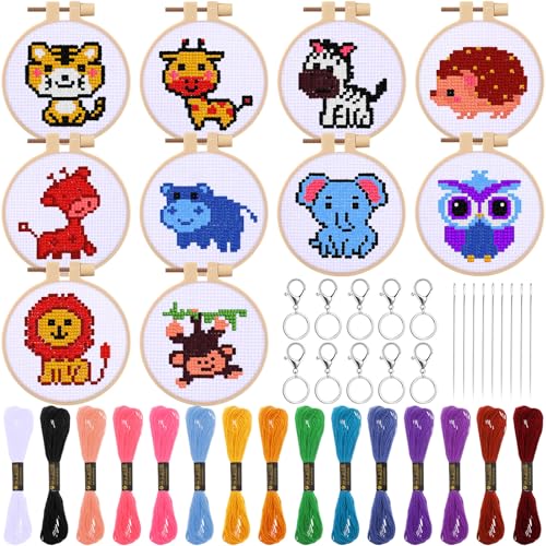 Image of Juinte 10 Pack Stamped Cross Stitch Beginners Kits for Kids Embroidery Starter Cross Kit with Woodland Animal Patterns DIY Needlepoint Sewing Set with Instruction for Key Chain Backpack Charms Craft