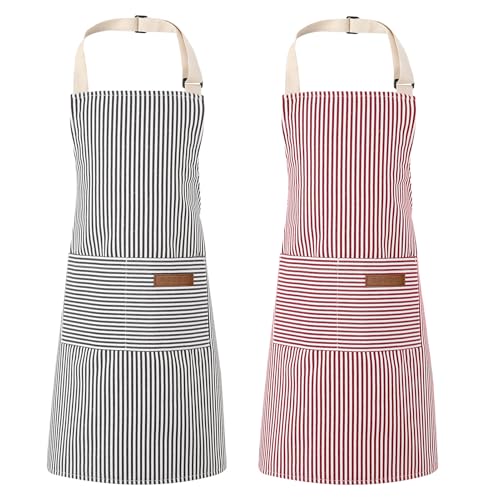 Livdouyu 2 Stück Schürze Kochschürze Damen Verstellbare Küchenschürze mit Taschen Männer Kittelschürze Baumwolle Rot Grau Schürze zum Kochen Malen Backen Hausarbeiten