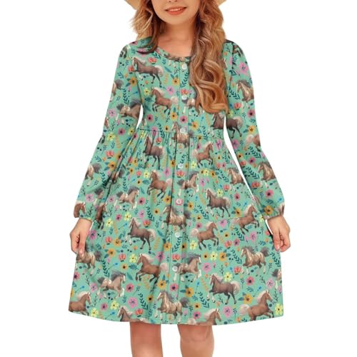 Casual High Waisted Long Sleevedresses for Girls 5-14 Years Round Neck Spinning Knee Dress Fall Winter Clothing