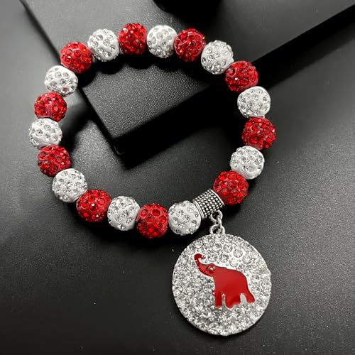 Image of Sisterhood Jewelry DELTA Sorority Society Round Rhinestone Elephant Pendant Red White Bead Bracelet