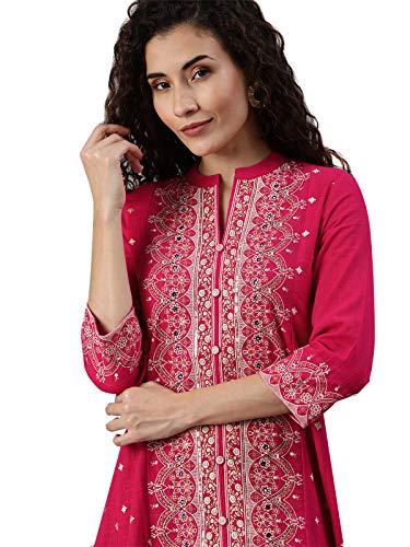 Image of ishin Women's Cotton Regular Fit Anarkali Embellished Beads and Stones Floral Print Kurti