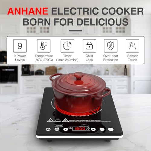 Image of ANHANE 1800W Electric Cooktop, 110V Single Burner Stove with Overheat Protection and Adjustable Power Levels - Portable Ceramic Stove for Kitchen, Travel, RV