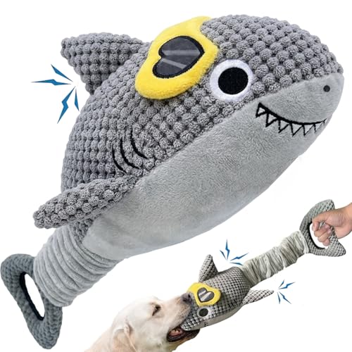 Squeaky Shark Dog Toy for Large Dogs - Interactive Stretch Plush with Tug of War Handle & Crinkle Paper - Cute Heart Glasses Design - Durable Chew Toy for Small Medium Large Breeds - Boredom Relief