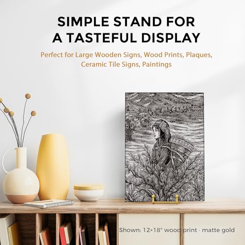 Image of TR-LIFE 12 Inch Large Plate Stands /holder for Display - Metal Picture Frame Holder Stand + Small Easels for Platter, Book, Plaques, Photo, Tabletop Art (Gold 2 Pack)