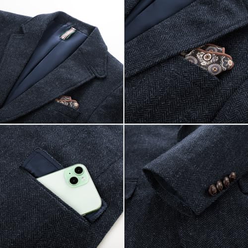 PJ PAUL JONES Mens Blazer Vintage Wool Blend Sport Coat Herringbone Tweed Blazer Suit Jacket with Pocket Square4