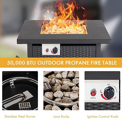 Image of Propane Fire Pit Table, 30 Inch Square Outdoor Gas Fire Pits Clearance 50,000 BTU with Steel Tabletop, Removable Lid, Lava Rocks for Outside Patio, Garden, Deck, Yard