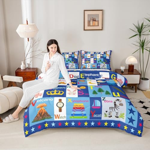 Image of Feelyou Kids ABC Alphabet Comforter Set Toddler Size, Educational Bedding Set Boys Girls Learning Duvet Insert Teens Bedroom Decor Microfiber Bed Set