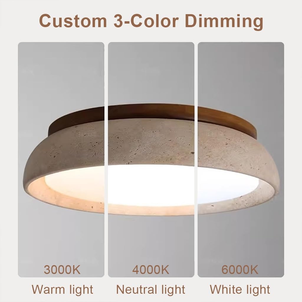 Plafoniera LED Moderna Dimmerabile Travertino Giallo Pietra Naturale Legno Massiccio Illuminazione Interna Stile Vintage Wabi-Sabi Per Camera Da Letto Salotto Sala Da Pranzo(30cm)