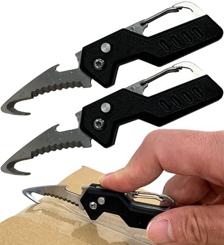 Tomicoco ダンボールカッター 段ボール開封 キーホルダー フック型 折り畳みナイフ カッター 開封道具 開梱カッター 軽量 ステンレス製 アウトドア ナイフ (Bタイプ ブラック 2個セット)