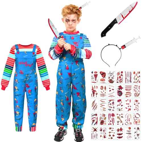 viallolipa Halloween Costume Kids Creepy Doll Costume for Boys Girls Killer Doll Movie Character Costume with Simulated Knife Hair Band Tattoo Sticker Props for Cosplay