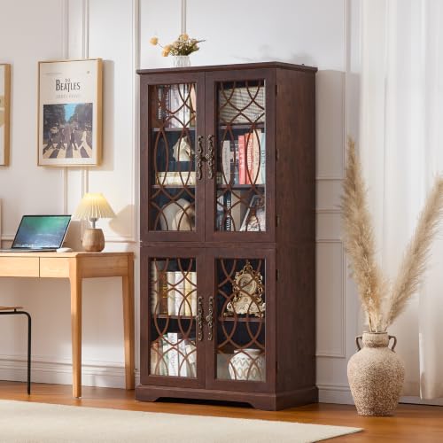 Image of Joaxswe 67 inch Tall Pantry Cabinet, Wood Kitchen Pantries Cabinets with Glass Doors & Adjustable Shelves, Freestanding Vintage Cupboard with Large Storage for Dining Room, Bathroom, Walnut