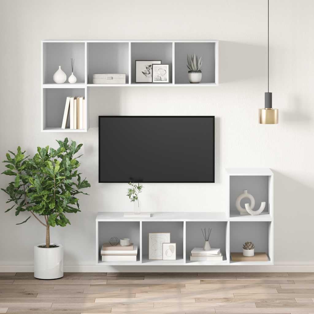 Mueble de TV blanco 37 x 37 x 142,5 cm, mueble de TV colgante de madera con 4 compartimentos, diseño moderno y construcción robusta para salón, dormitorio, oficina