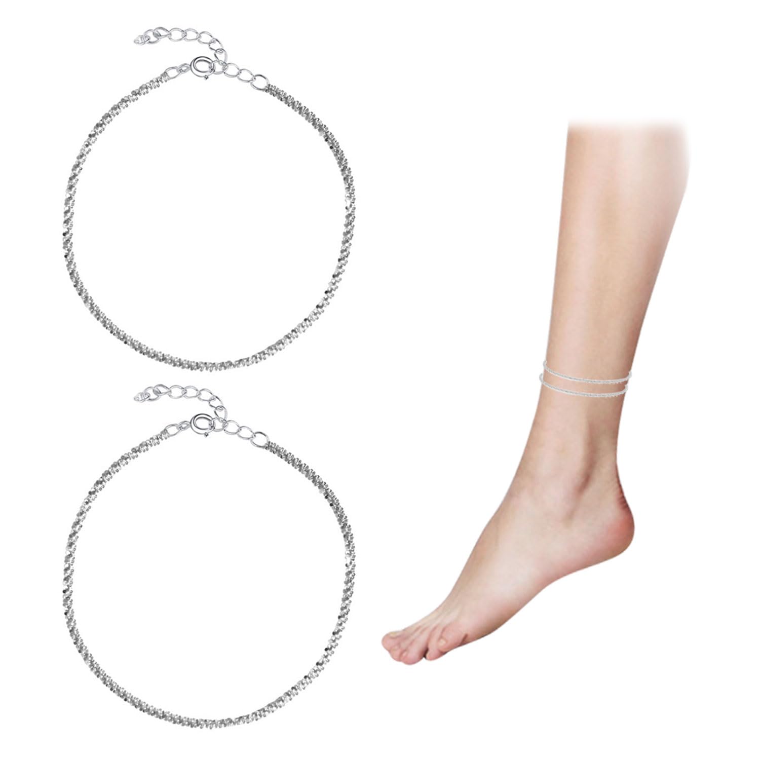 Pulseras de pie de playa con diamantes para mujer, pulseras de plata de ley 925 con diamantes de imitación, tobilleras ajustables e impermeables para playa, pulseras grandes para mujer, Zinc,