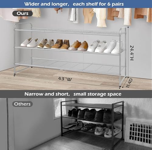 Image of KEETDY 3-Tier Long Shoe Rack for Closet Metal Shoe Organizer for Entryway, Wide Stackable Shoe Storage Shelf with Sturdy Wire Grid for Closet Floor, Bedroom, Grey