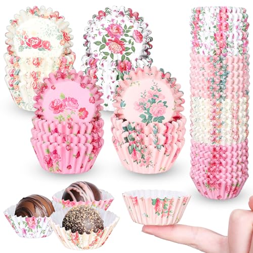 JarThenaAMCS 600Pcs Spring Mini Floral Cupcake Liners Pink Watercolor Flower Baking Cups Cupcake Wrappers Holders Muffin Liners for Easter Wedding Bridal Shower Birthday Tea Party Decor,1.4 x 0.8 Inch