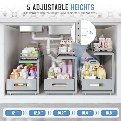 Image of Under Sink Organizer Upgrade To Professional Rails,2-Tier Dual Pull Out Cabinet Storage,Height Adjustable Slide Out Drawers For Bathroom Kitchen,2 Pack-21 inchDx12.8 inch-16.9 inchH,Gun Gray