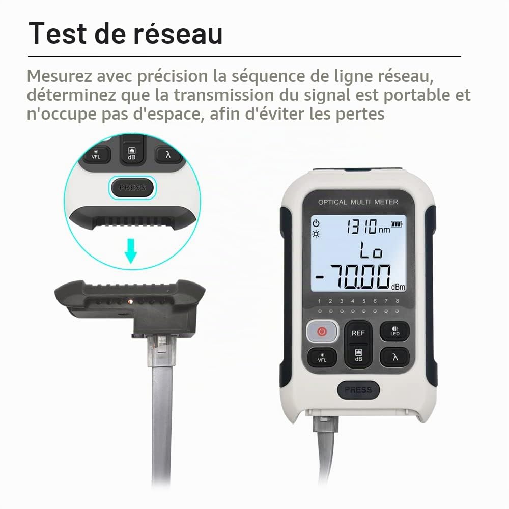 TM570 Testeur fibre optique 3 en 1 alimenté par batterie rechargeable, Power meter fibre optique avec localisateur de défaut visuel OPM VFL et traqueur de câble RJ45