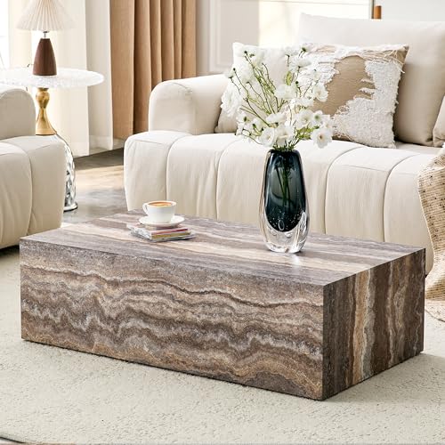 Modern Faux Marble Coffee Table Rectangle Center Table for Living Room Minimalist Coffee Table with Grey Marble Finish Cocktail Tea Table for Home No Assembly Required